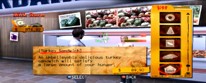 York is periodically paid by the FBI for his work in the investigation, which players can use to eat out at the local diner and bar or purchase groceries, weapons or vehicles from the Milk Barn, Panda Bear or Lysander's Junkyard respectively.
