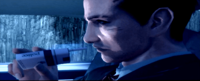 The player character, FBI agent Francis York Morgan, en route to Greenvale. The 'Police' cigarettes he is smoking in this scene are actually not available in-game. Instead, they are replaced by a red-box brand known as 'Heavy'.