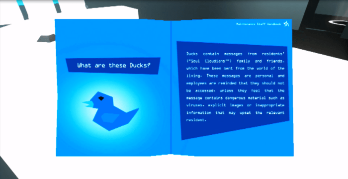 Blue ducks are another optional collectable that are scattered throughout the game. These serve as a way to explore more of the story through bonus images, articles and notes that detail more in-depth information.