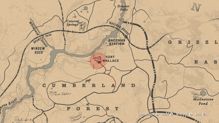 The location of Fort Wallace. The Waypoint represents where to throw your Dynamite. The icon represents where to stand when throwing them.