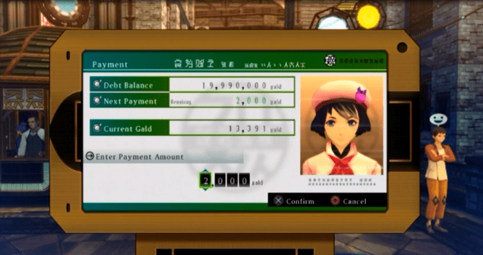 Ludger's friend, Nova, collecting on his outstanding debt. Nova periodically calls from Verland Bank in order to check up on Ludger's progress and request payment if he is holding onto too much gald. This unlocks more locations to visit.
