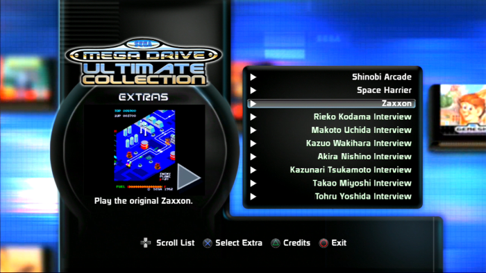 The "SEGA Mega Drive Ultimate Collection's" Extras Menu. This menu contains several unlockable arcade games and developer interviews for players to learn more about particular games or play something a little different.