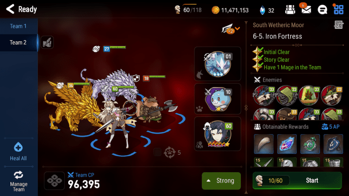 Typical farming team composition with 1 strong unit, 1 2-star fodder, 1 Mega-Phantasma, 1 Giga-Phantasma, and a good friend unit. Note that to speed up farming, your strong unit should not be in the leader spot (the rightmost space).