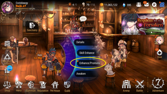 "Epic Seven" Lobby showing options when a character, in this case Ken, is selected. The Enhance/Promote option is circled.