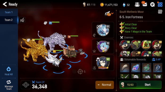 Optimal farming team composition with 2 2-star fodder, 1 Mega-Phantasma, 1 Giga-Phantasma, and a good friend support