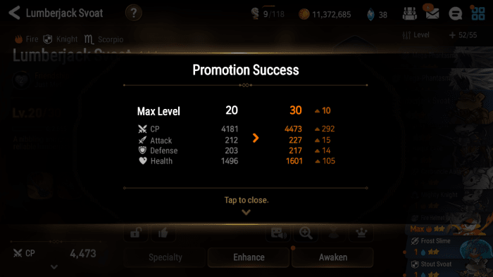 Promoting a hero increases its max level by 10 and increases its stats. Note that this screen will not be shown when promoting phantasma.