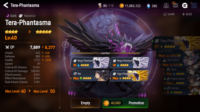 Promoting a 4-star Tera-Phantasma to 5 stars. Note: this is for demonstration purposes only, do not use 4-star heroes or max level heroes as fodder.