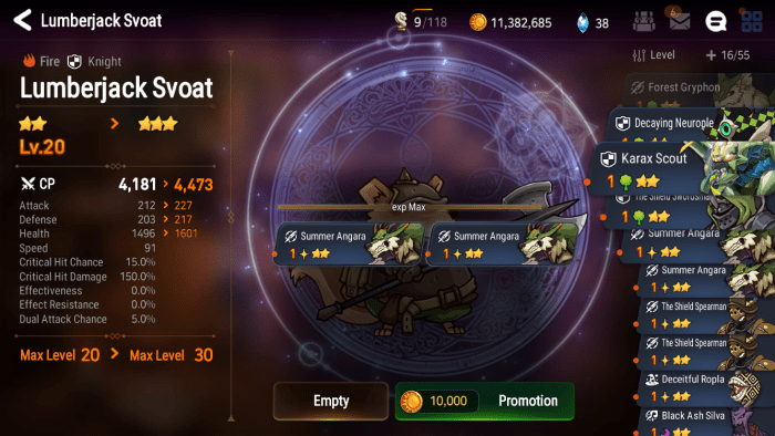 Hero Promotion Screen showing 2 2-star units being consumed to promote a max level 2-star hero to 3 stars