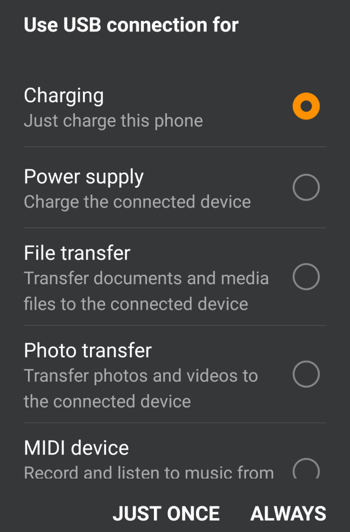 These options let you select how a computer will interact with your Android device over USB connection.