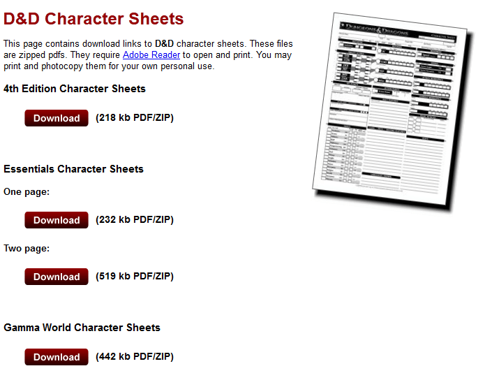 Wizards of the Coast provides free character sheets for download online.
