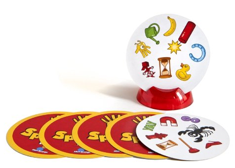 Spot it is as simple as spotting the match between the two cards. Example: In the picture the match is the hour glass.