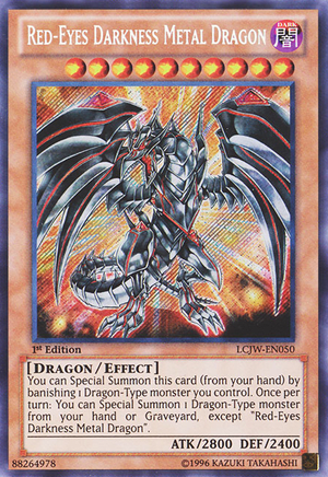 Red-Eyes got tired of getting teased by the bigger dragons, so he sold his soul for a pot of melted black gold, then dipped himself in it. I think it worked.