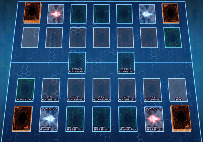The new playzone. Note the two spaces in the middle, the only places extra deck monsters can occupy (without link monsters)