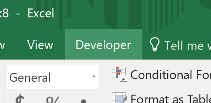 adding developer tab excel
