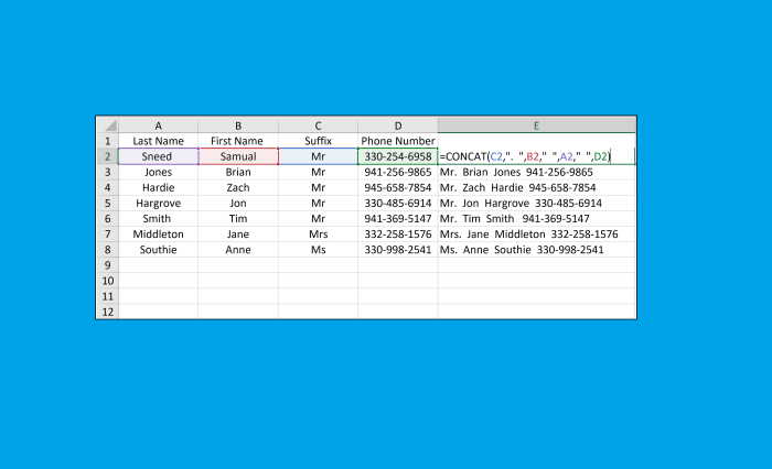 The concatenate formula can be used to concatenate text strings, dates, general numbers, categorical data, or any text the needs to be merged from multiple columns. This function has a vast amount of applications in Excel.
