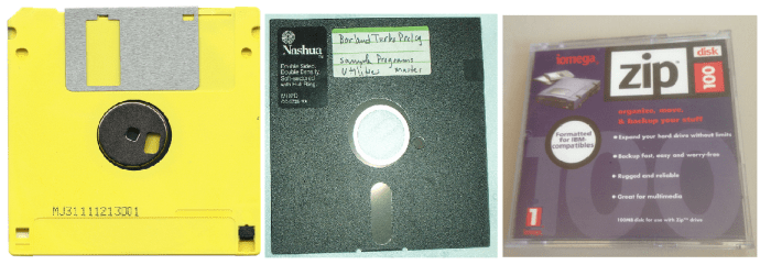 Three obsolete storage media: 3.5 inch floppy disk (Left), 5.25 inch floppy disk (Center), Zip Drive (Right)