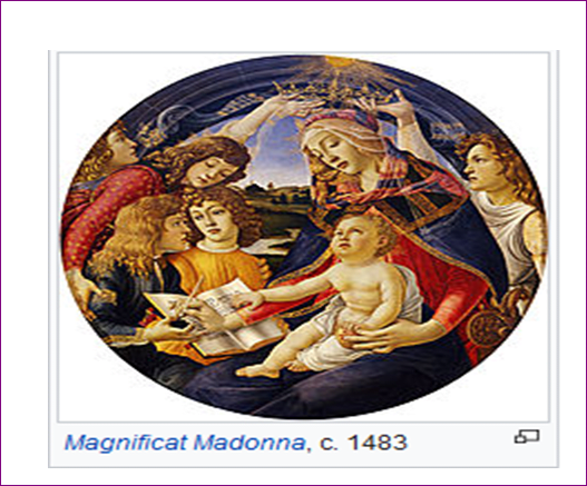 This is a painting of virgin Mary and Jesus which Sandro painted in 1483.This image was painted at a time when this kind of sculptures were very famous and could be displayed not only in churches but also public offices. His interest and pas