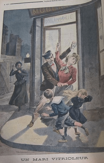 The cover of a 1901 edition of the periodical "Le Petit Journal", presenting "a husband using vitriol"