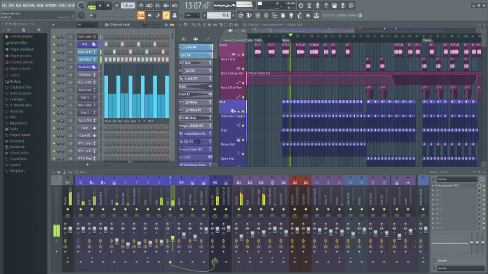 Screenshot of the FL Studio 20 Producer Edition interface, which shows the channel rack, playlist and mixer, as well as a glimpse of the software's powerful features.