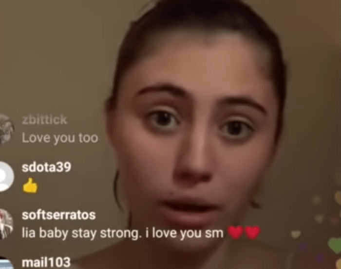Clearly detached from reality in this 2019 livestream, Lia is seen cycling between euphoria, distress and confusion.