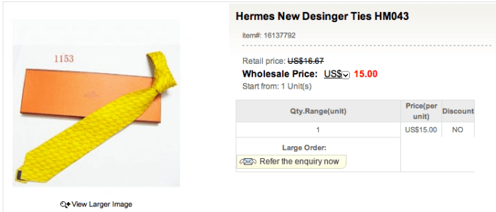 Can you believe this? A Hermès tie being marketed for $15 under the "cheap replica" moniker. The spelling error in the title of the product is also a good give-away!