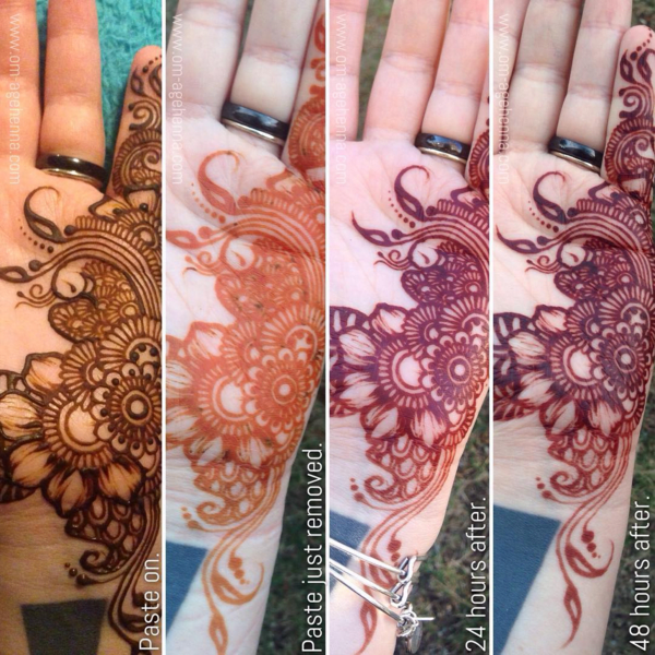 The henna stain darkens over time and usually lasts about a week, but this can be lengthened by using the liquids mentioned above.
