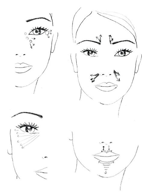 Top left: Set highlights at inner and outer eye corners. | Bottom left: Beneath the entire eye. | Top right: Frown lines and nasolabial folds | Bottom right: Corrective highlights around the mouth.