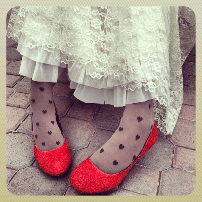 These are my blue shoes Photoshopped to give you an idea of what red would look like. If you're having your wedding on Valentine's Day, click the link below the picture for more of my Valentine wedding ideas.