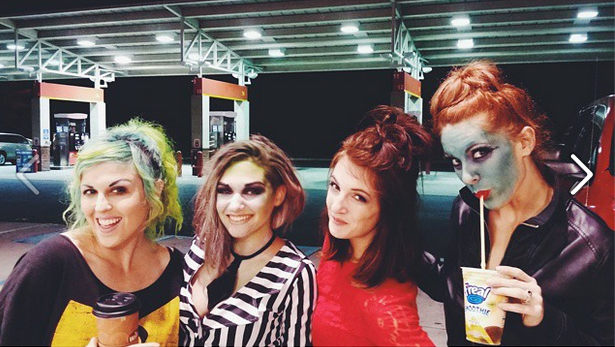 And for reference, here is my hair now (I'm in red) approximately three months and some change later. Don't mind us, just being Lydia from Beetlejuice in the Wawa parking lot.