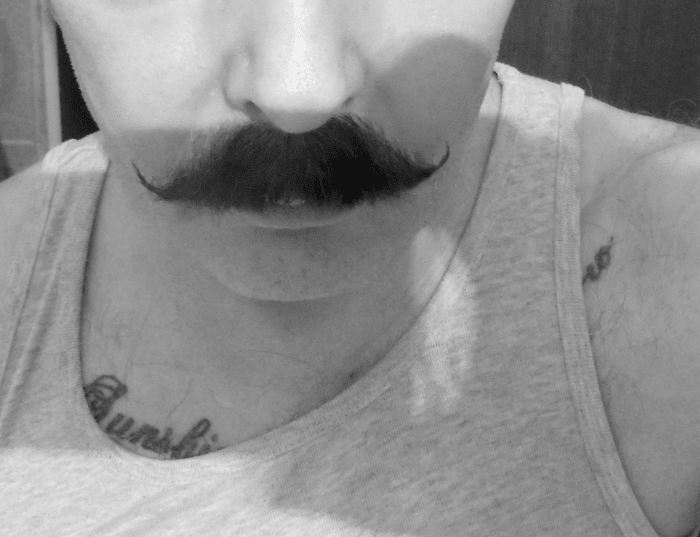 A waxed handlebar mustache after two weeks of allowing the ends to grow out.