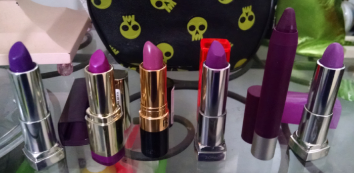 Left to right: Maybelline Lavender Voltage, Milani Violet Volt, Revlon Berry Haute, Maybelline Brazen Berry, Revlon Shameless, Maybelline Lilac Flush