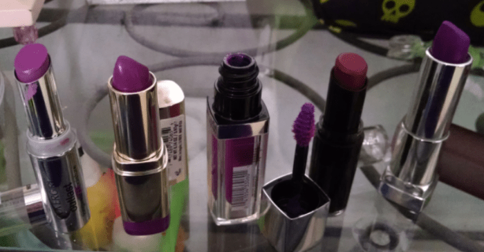 Left to right: Covergirl Vixen Violet, Milani Matte Glam, Maybelline Vision in Violet, Wet-n-Wild Ravin' Raisin, Maybelline Vibrant Violet
