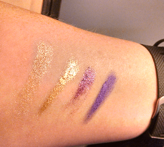 From left to right: L'Oreal's Amber Rush, Maybelline's Bold Gold, L'Oreal's Burst into Bloom, & Maybelline's Painted Purple