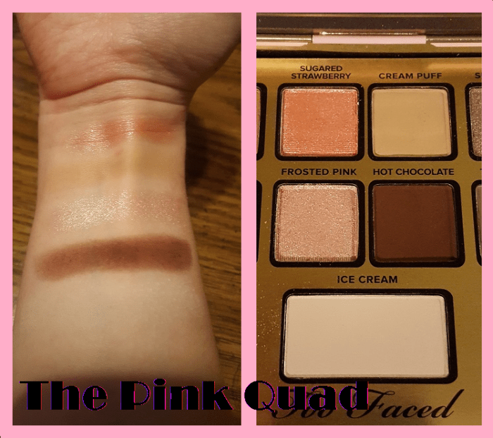 Finger swatches for the pink quad and the highlight below it. From top to bottom: Sugared Strawberry, Cream Puff, Frosted Pink, Hot Chocolate, and Ice Cream (which is hard to see on my skin tone).