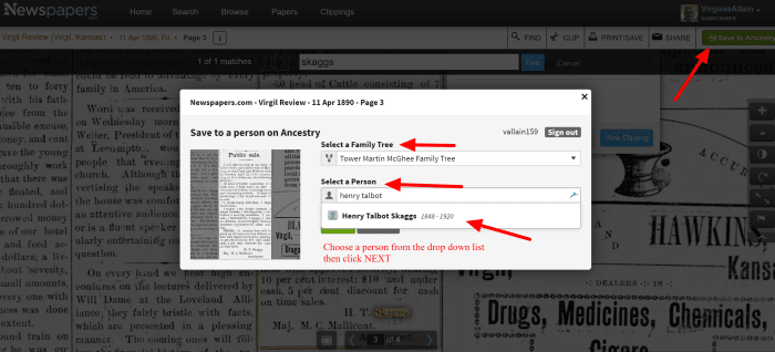 Put vital information in the title for storing the clipping. It makes it easier to find later. Select a person to attach the clipping to on Ancestry.com. Be careful if you have several people with similar names.
