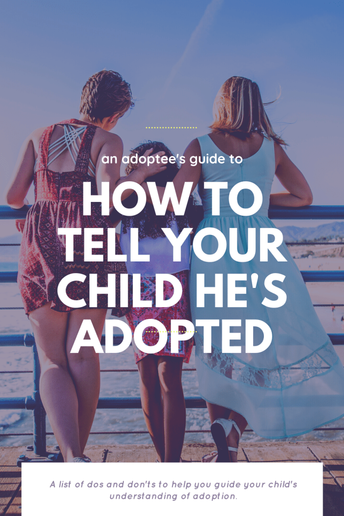 It can be difficult to know how to tell your child he's adopted. Try to keep your language simple and direct. This list of dos and don'ts will help ensure your child understands.