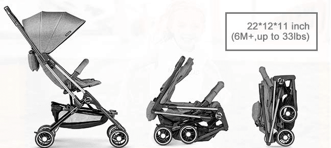 Easily folded with a single hand (two steps with a single button press) and stow-able into an airplane's overhead compartment.