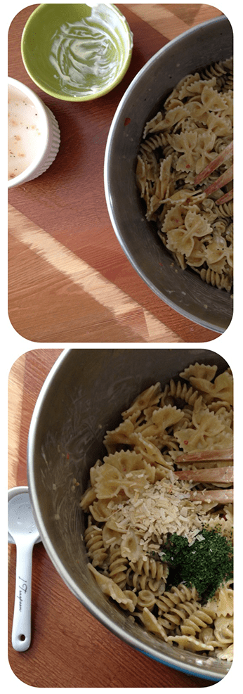 Combine the pasta with the Italian dressing and Miracle Whip, then stir in the parsley and seasonings.