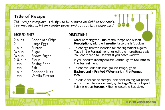 Recipe cards are great ways to share recipes with friends and family. You can use a recipe card template like this one to organize content and format and to keep your writing consistent across recipes.
