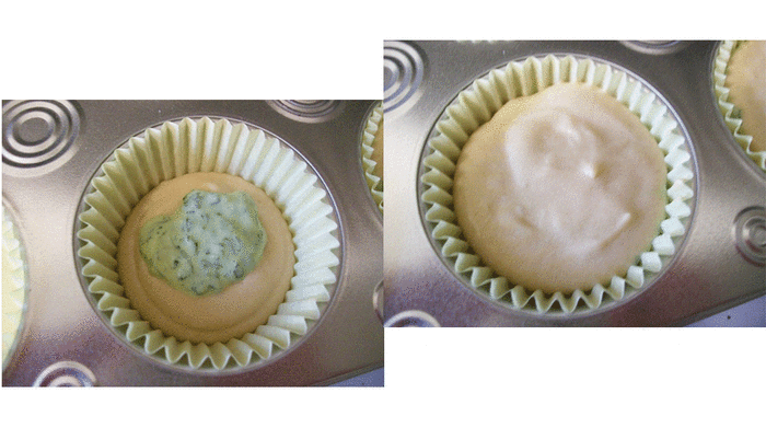 Line your cupcake pans with paper liners. Fill a cup with cupcake batter about half full. Add 1 tablespoon of the spinach mixture to it, then top with more cupcake batter. The cup should be about 2/3 full. Repeat with the rest of mixture and batter.