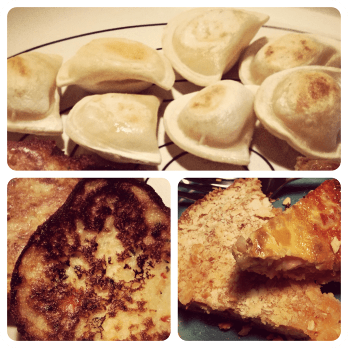dinner's ready! cheddar and potato pierogies, onion and red pepper potato latkes, and some crazy egg pie.