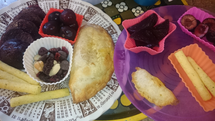 Gluten-free vegan pasties (my plate on the left, my son's on the right).