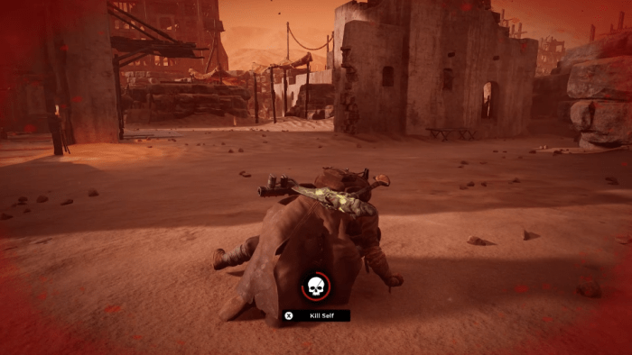 The player's character as seen in the downed, 'Wounded' state. The Bleed-out timer is the depleting circle in the middle of the screen.