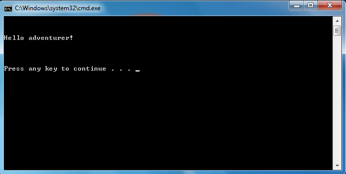 This is what your game should look like. Notice the long spaces between the text? This was done with the "echo." command. Also, note the pause command at work toward the bottom.