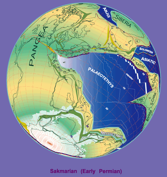 A depiction of the supercontinent Pangea which completed its formation at the start of the Permian Period.