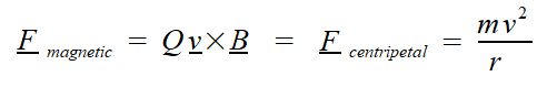 The equation for the magnetic force on a particle moving with a velocity, v, in a magnetic field with strength, B. Also, the equation for centripetal motion of a particle moving in a circle of radius, r.