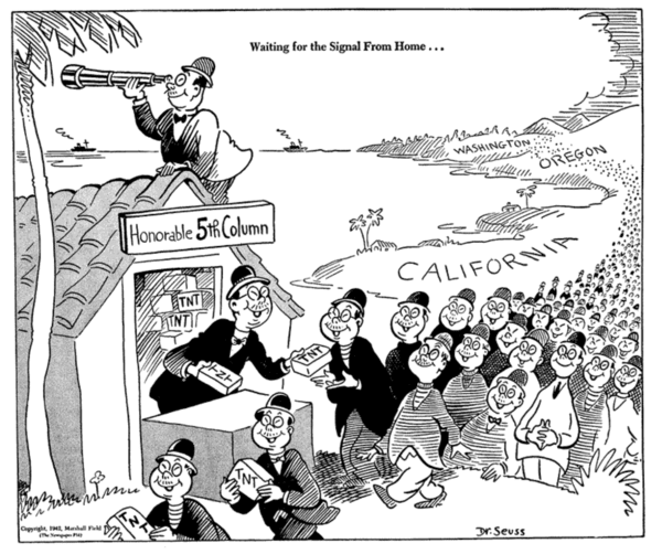 Cartoon by Theodore Geisel (later Dr. Seuss) depicting Japanese Americans as fifth columnists ready to sabotage the USA.