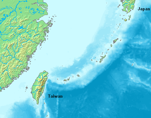 The Ryuku islands between Japan and Taiwan are a typical island arc formation arising along the line of a subduction zone