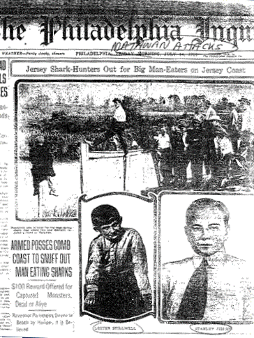 Headlines in the Philadelphia Inquirer on July 14, 1916 concerning the death of a young boy and the man who tried to recover his body