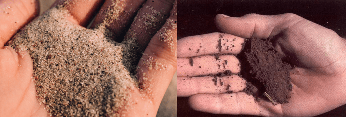 With sand like the sand on the left, you can see the individual grains easily with the naked eye, but with silt, like the silt pictured on the right, you may need a microscope to see individual grains.
